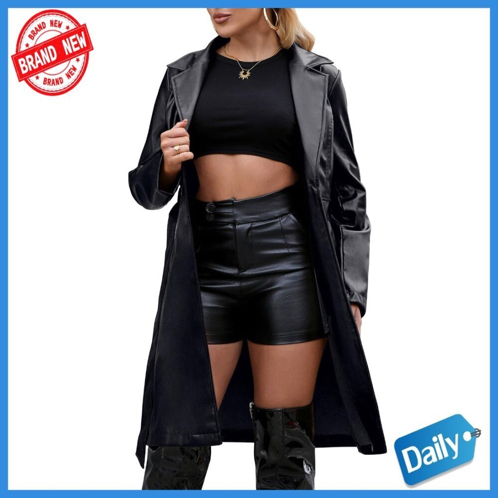 Faux Leather Trench Coat Motorcycle Jacket Loose Fit Belted Long Sleeve